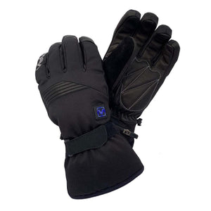 Pair of black heated winter gloves with adjustable wrist straps and illuminated power button