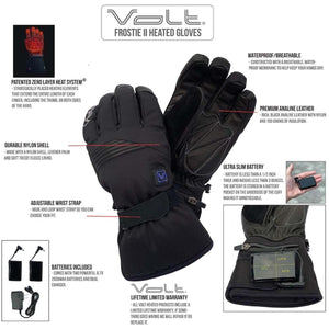 Volt Frostie II heated gloves with labels highlighting features like battery, leather, and heating system