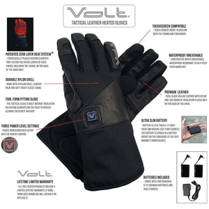 Volt Heat tactical leather heated gloves with feature callouts including battery and touchscreen compatibility