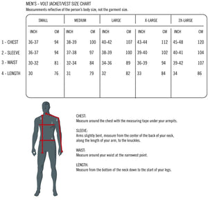 Volt Heat mens jacket and vest size chart with body measurement instructions