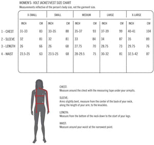 Volt Heat womens jacket and vest size chart with body measurement instructions