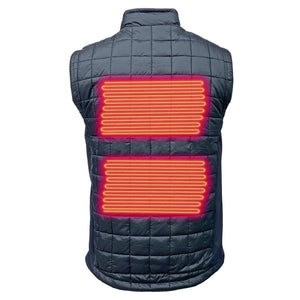 Volt Heat black quilted vest showing two glowing red heating panels on the back
