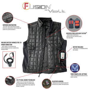 Volt Heat Fusion heated vest with labels detailing construction, heating system, battery, and Bluetooth features