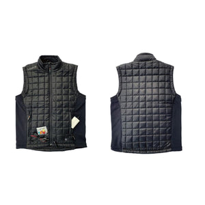 Volt Heat black quilted heated vest showing front and back views with battery and accessories