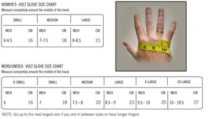 Volt Heat glove size chart for women and men showing hand measurement instructions