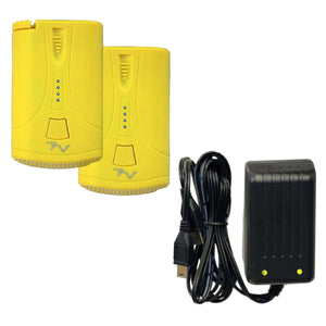 Two yellow Volt Heat 7V batteries and a black wall charger with cable