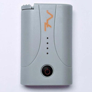 Grey portable vaporizer battery with orange logo and power button