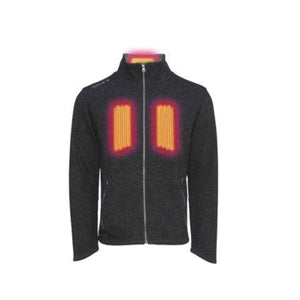 Dark grey zip up heated jacket with glowing orange heating elements on chest and neck