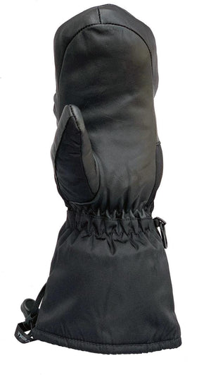 Black leather mitten with an elastic wrist and adjustable cinch cord