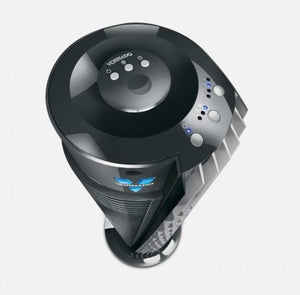 Top view of a black Vornado tower fan showing control buttons and settings