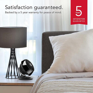Vornado fan on a bedside table with a 5 year satisfaction guarantee graphic