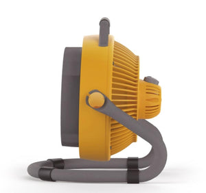 Side view of a yellow and grey Vornado utility fan with a sturdy base