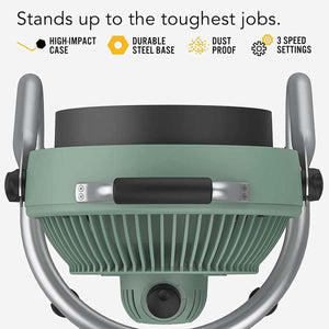 Vornado shop fan with high impact case, steel base, dust proof design, and three speed settings