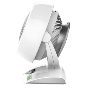 Side profile of a white Vornado air circulator fan