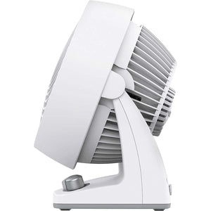 Side view of white Vornado air circulator fan with control knob