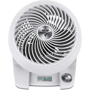 White Vornado air circulator fan with spiral grill and rotary control knob