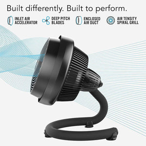 Vornado fan showing air flow features including inlet air accelerator deep pitch blades enclosed air duct and spiral grill