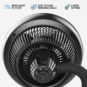 Vornado air circulator showing 75 feet air reach, removable grille, and 3 speed settings