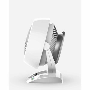 Side profile of a white Vornado air circulator fan
