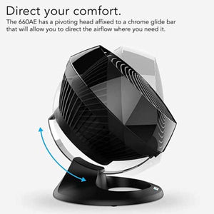 Vornado 660AE air circulator showing the pivoting head on a chrome glide bar with an arrow indicating range of motion