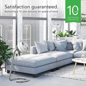 Vornado fan in living room with 10 year satisfaction guarantee graphic