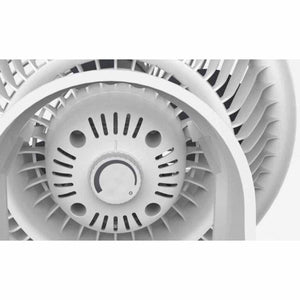 Close up of Vornado fan speed control dial and white plastic blades