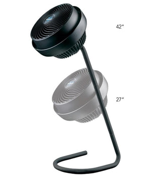 Vornado pedestal fan showing height adjustment between 27 and 42 inches