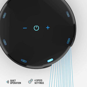 Vornado air circulator top touch control panel with power plus and minus buttons and 4 speed settings indicator