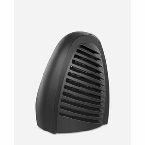 Black portable electric fan heater with curved casing and front grille