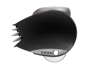 Top view of a black and silver air purifier with power and speed control buttons