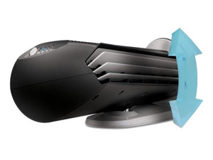 Black space heater with vertical tilt adjustment arrow graphic