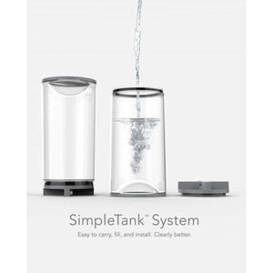 Vornado SimpleTank system showing two clear water tanks and a grey lid with water being poured into one tank