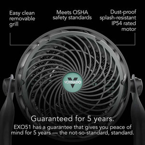 Vornado EXO51 fan features removable grill, OSHA safety standards, and IP54 rated motor with five year guarantee