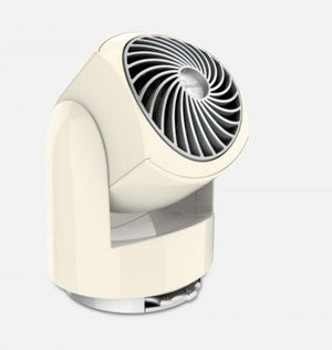 Cream colored Vornado air circulator fan with grey spiral grille