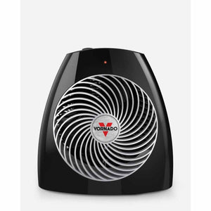 Black Vornado vortex space heater with silver spiral grille