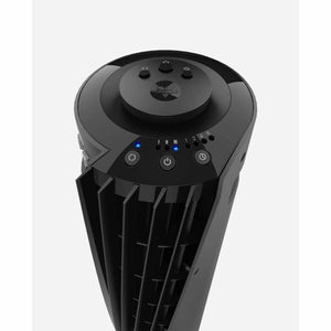 Top control panel of a black Vornado tower fan with illuminated blue speed and timer settings