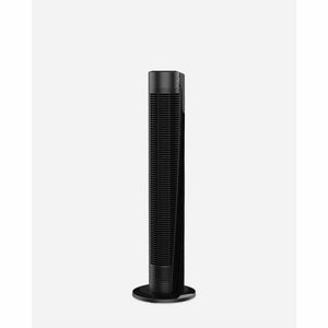 Black tower fan with a vertical grille design on a white background