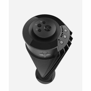 Top view of a black Vornado tower fan showing control buttons and settings