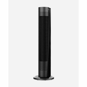 Black Vornado tower fan on a white background