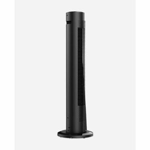 Black tower fan with a vertical grille and circular base