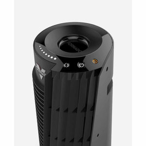 Top view of black Vornado tower fan control panel with power and timer buttons