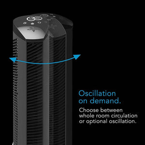 Vornado tower fan with blue arrow indicating oscillation feature