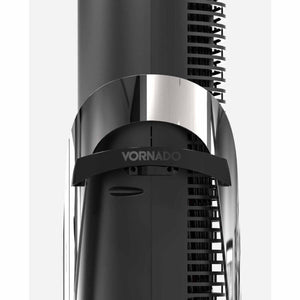 Close up of Vornado tower fan handle and chrome accent