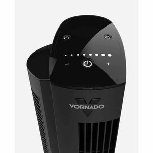Top control panel of a black Vornado tower fan with touch buttons and power indicator