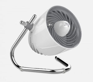 White Vornado desk fan with a chrome metal stand