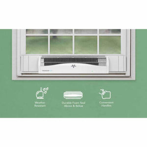 Vornado Transom window fan installed in a window with icons highlighting weather resistance, foam seals, and handles