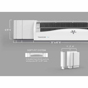 Vornado Transom window fan dimensions and soft fit foam block system diagram