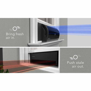 Vornado window fan showing intake and exhaust modes with airflow diagrams