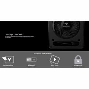 Vornado heater safety features including cool touch cabinet, heat and tip over shutoff, and locking controls