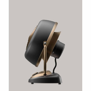Side profile of a Vornado VFAN air circulator in black and gold